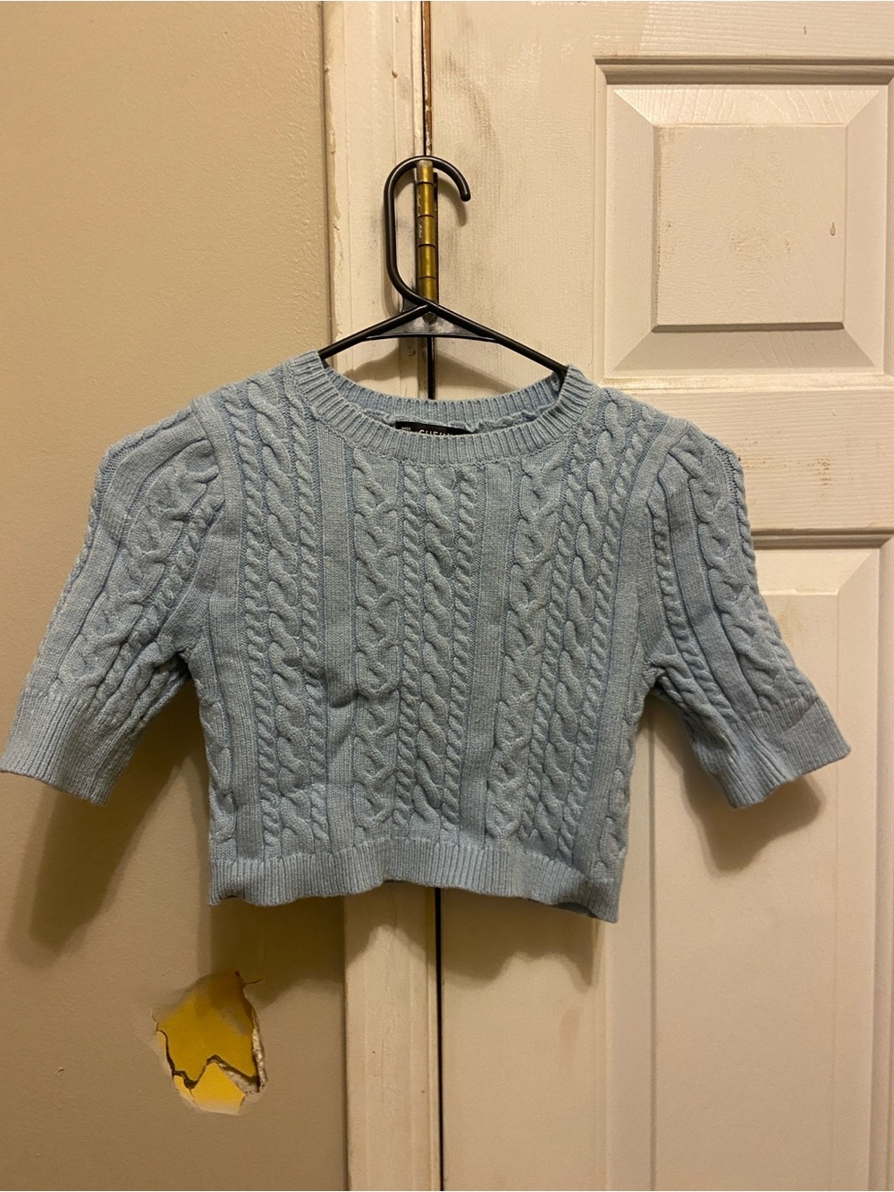 Ribbed Cable Knit Crop Top Sweater - Light Blue